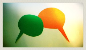 Intercultural Communication, text balloons in green and orange